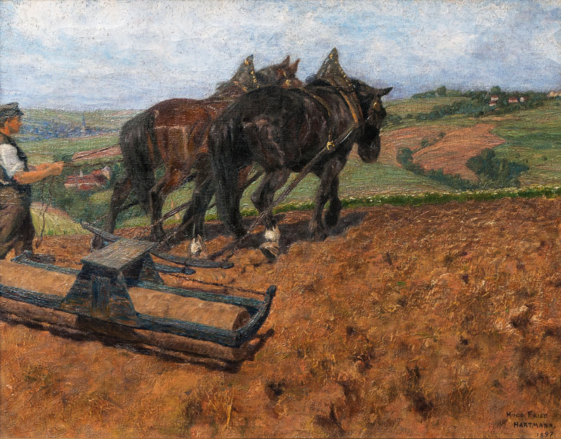 Bauer mit Pferdegespann und Walze