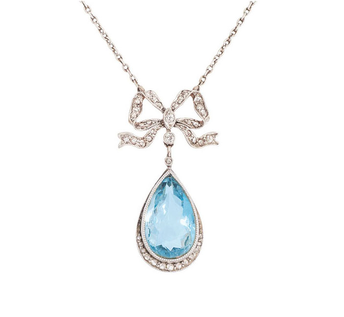 Jugendstil-Aquamarin-Diamant-Collier mit Schleifen-Dekor