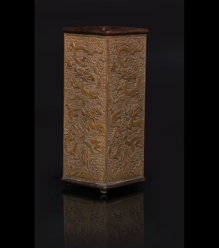 A tall bamboo brushpot with dragons