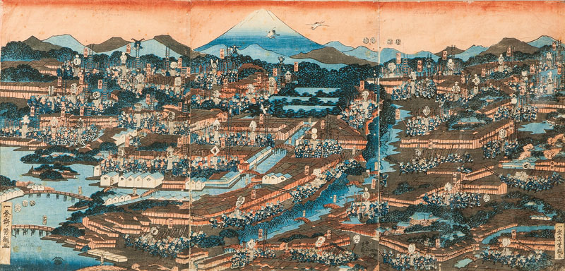 A large triptych 'Bird's-eye view on Edo with fire brigades'