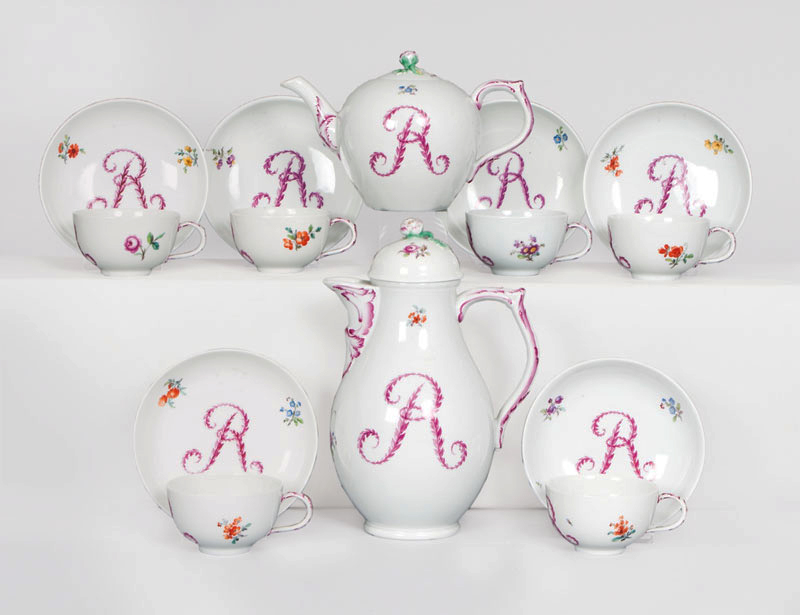 A coffee service 'Monogram R' with polychrome flower painting for 6 persons