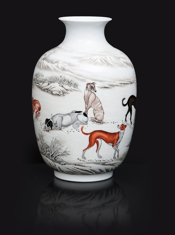An exceptional vase with winter landscape and dogs after Castiglione