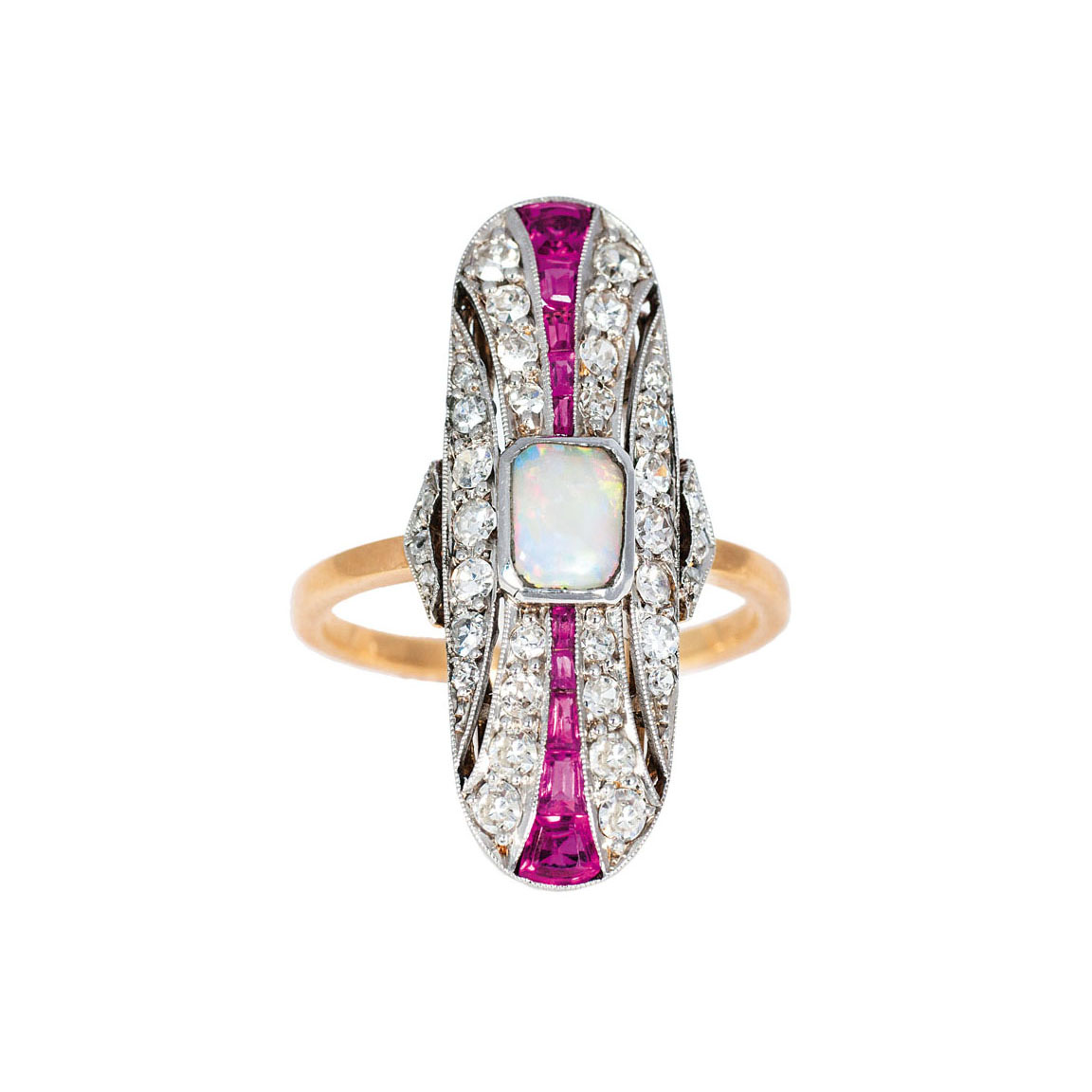 An Art Déco opal diamond ring with ruby setting