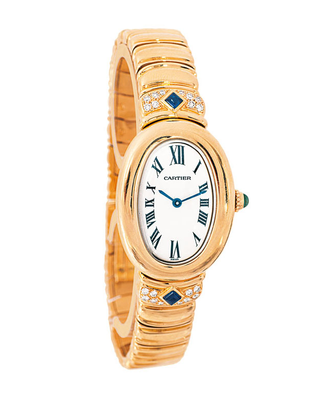 Damen-Armbanduhr 'Mini Baignoire' mit Brillant- und Saphir-Besatz von Cartier