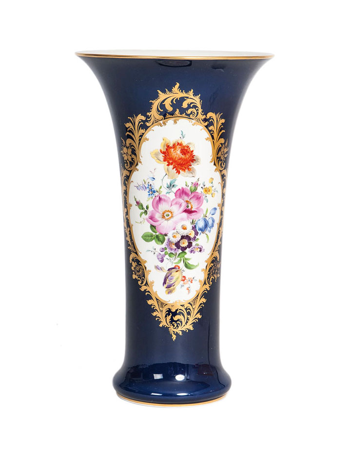 A cobaltblue vase with painting of flowers