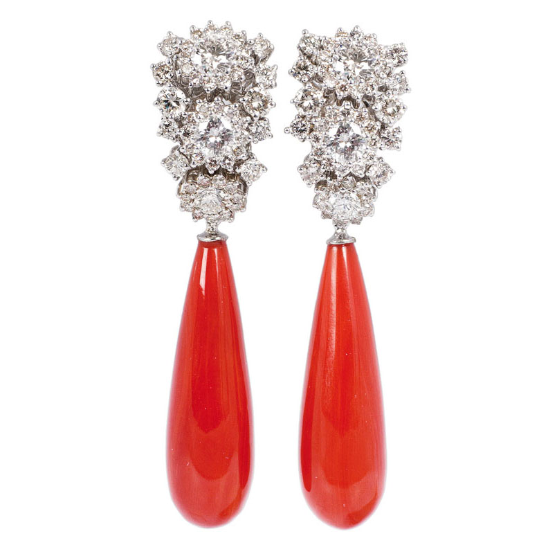 A pair of coral diamond earpendants