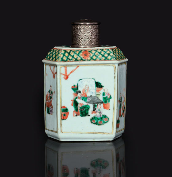 A big famille-verte tea caddy with silver mounting