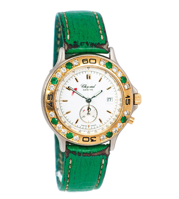 - A ladies wrist watch 'Mille Miglia' chronographe by Chopard with precious stones A ladies wrist watch 'Mille Miglia' chronographe by Chopard with precious stones