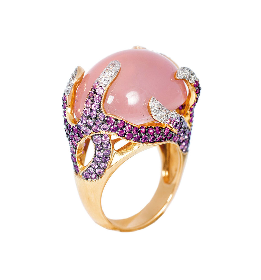 Rosenquarz-Ring mit Pink-Saphiren