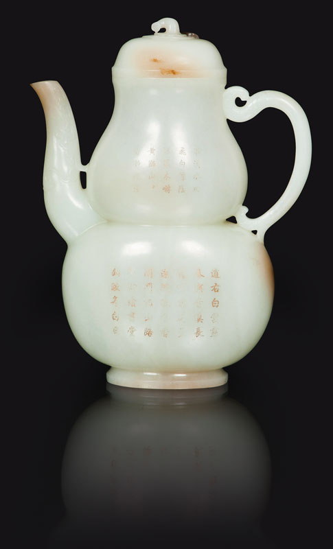 A fine and rare white jade 'double-gourd' ewer with poem inscription - image 2