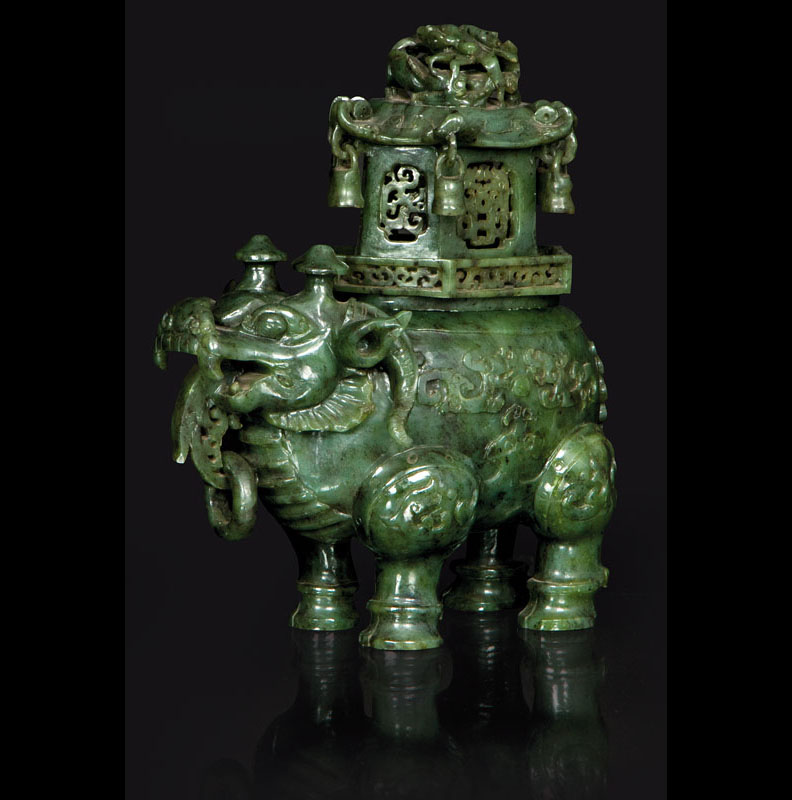 A rare and exquisite spinach green jade censer in the shape of a mythical beast