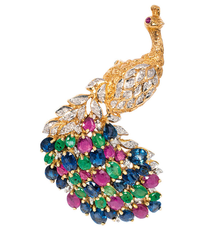 A brooch 'Peacock' with rubies, emeralds and sapphires