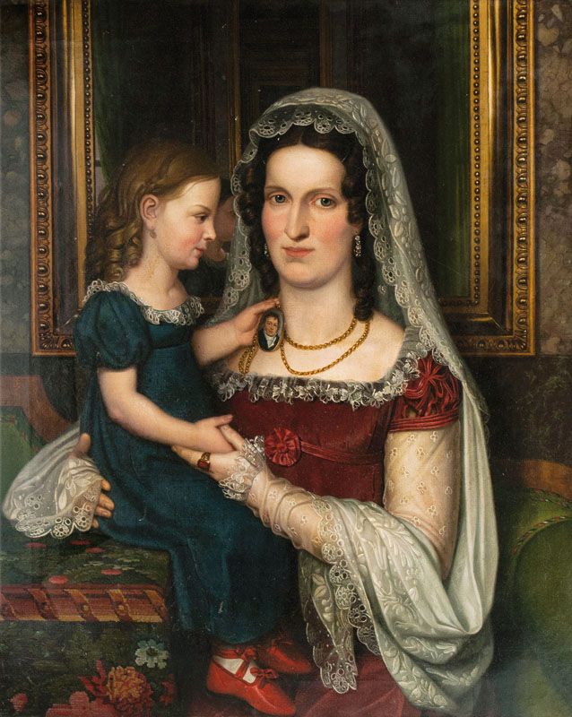 Mother with her Daughter holding up a Portrait Miniature