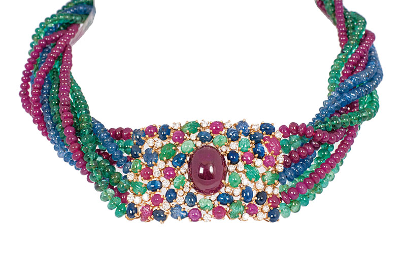 A high carat ruby emerald sapphire necklace win tutti-frutti style