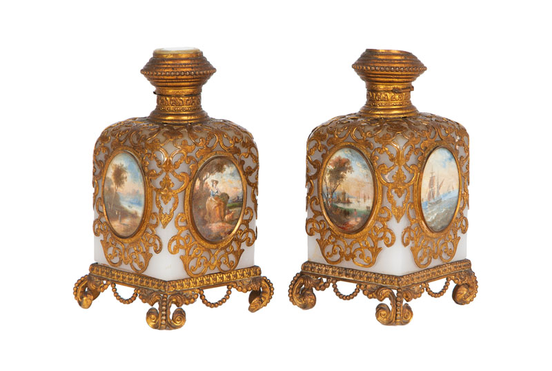 A pair of perfume flacons 'Palais Royal' with fine miniature paintings