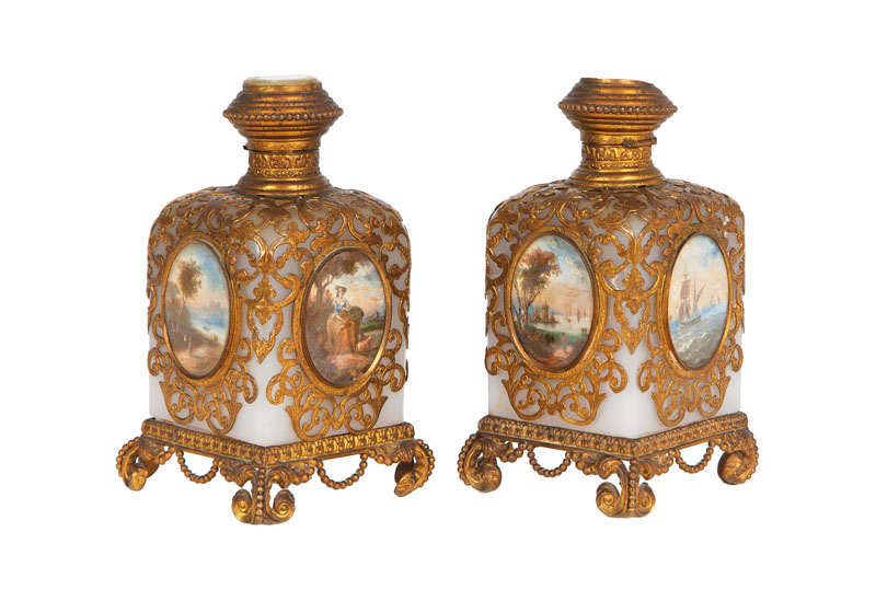 - A pair of perfume flacons 'Palais Royal' with fine miniature paintings A pair of perfume flacons 'Palais Royal' with fine miniature paintings