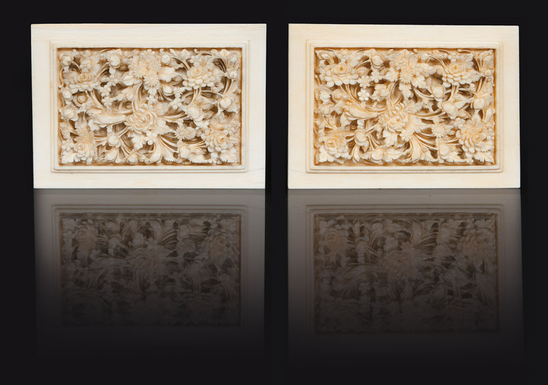 A pair of fine Canton ivory plaques with floral motifs