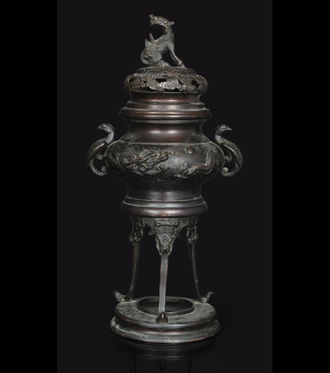 A bronze tripod censer with a qilin