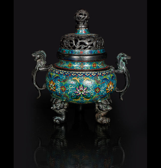 A large bronze censer with cloisonné decoration