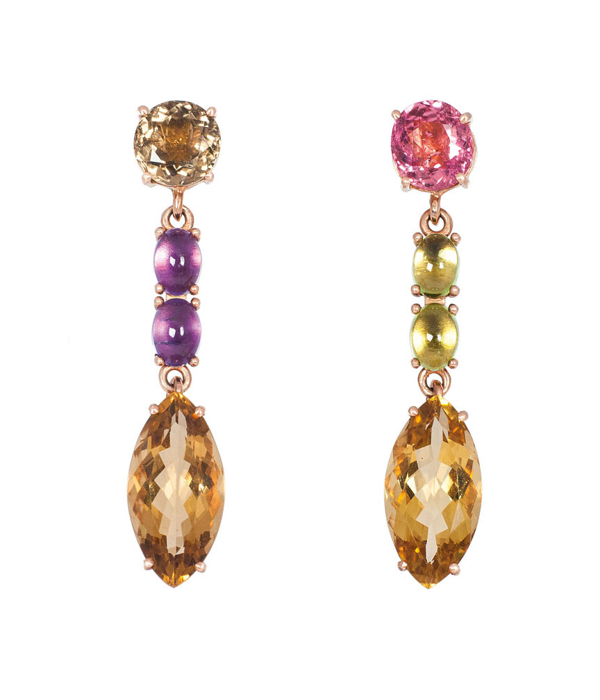 A pair of colourful tourmaline peridot amethyst earpendants with citrine
