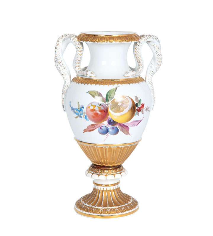 A baluster vase with snake-formed handles and fine fruit painting