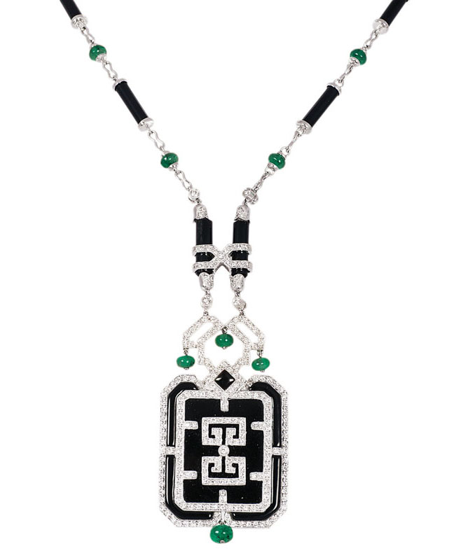 An onyx emerald necklace with diamonds