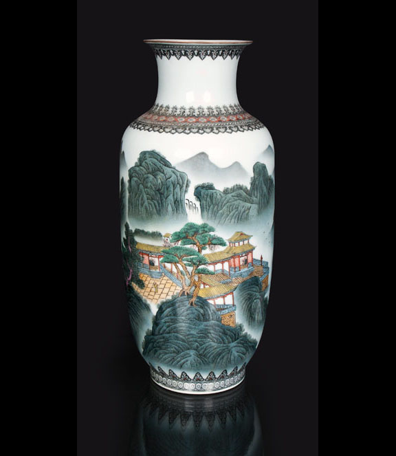 A tall vase 'Foggy mountain landscape'