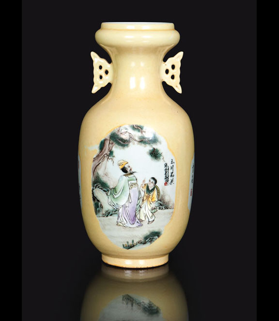A yellow-ground vase with scholar scenes