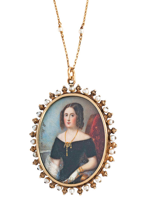 Seltenes, höfisches Medaillon 'Damen-Portrait' mit Perlen-Diamant-Besatz und Kette