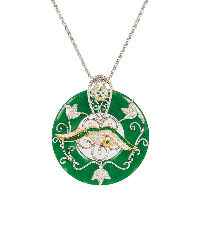 A jade pendant with diamonds and emeralds 'Bird'