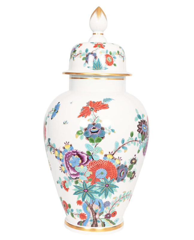 A large covered vase with Indian painting and butterflies