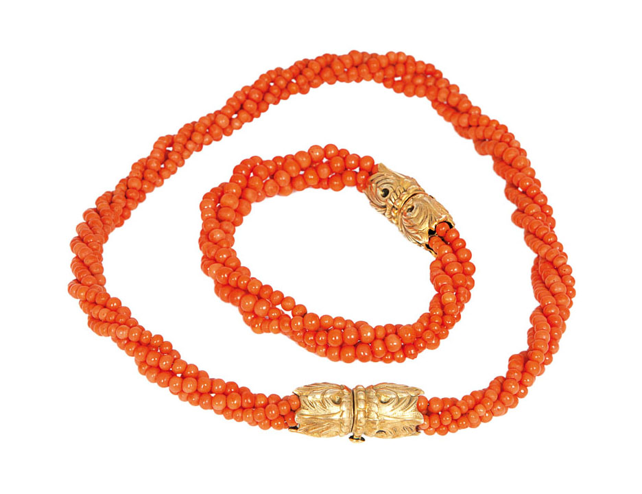 A coral necklace with matching bracelet