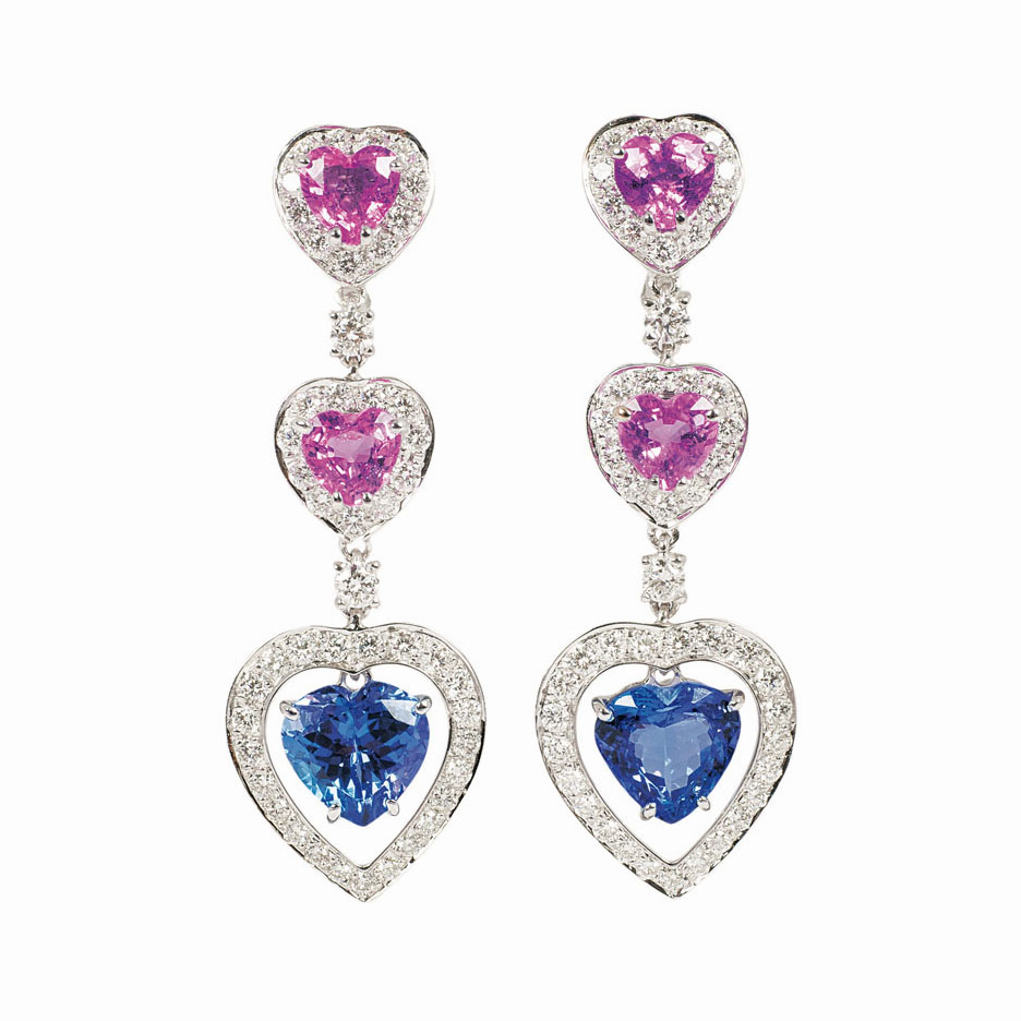 A pair of heartshaped tanzanite diamond earpendants with pink-sapphires