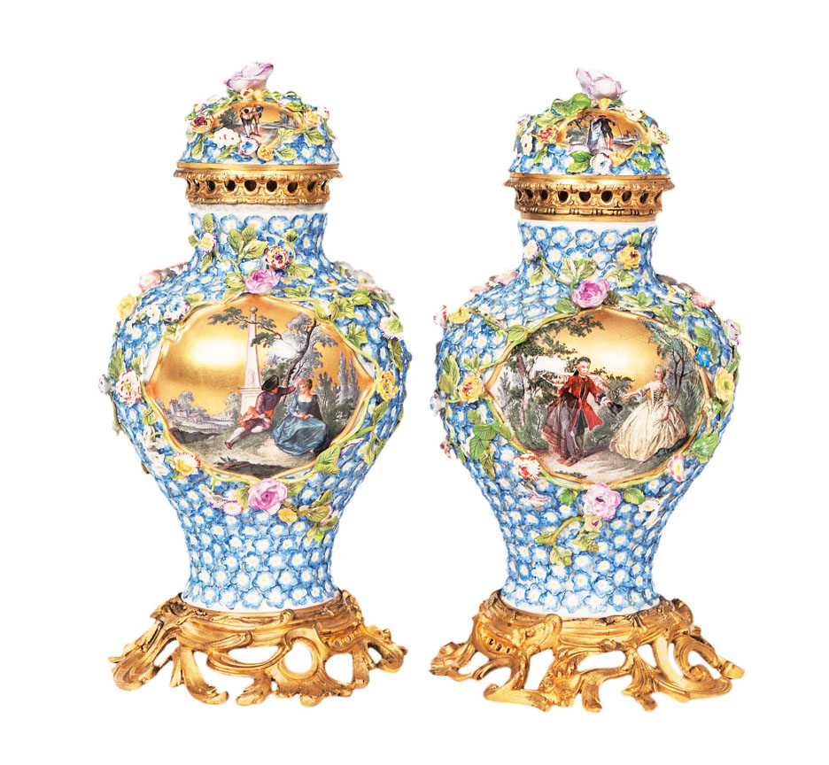 A pair of elegant vases with forget-me-nots floral work and Watteau scenes