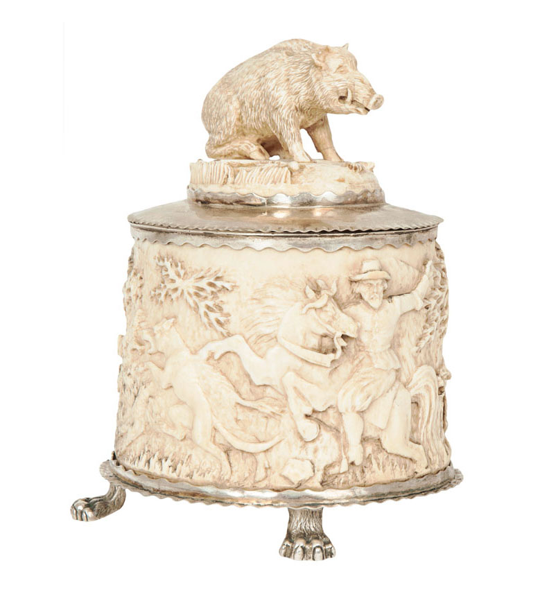 A lidded ivory-box with hunting scenes
