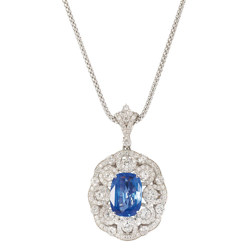A high quality Ceylon sapphire pendant with diamonds