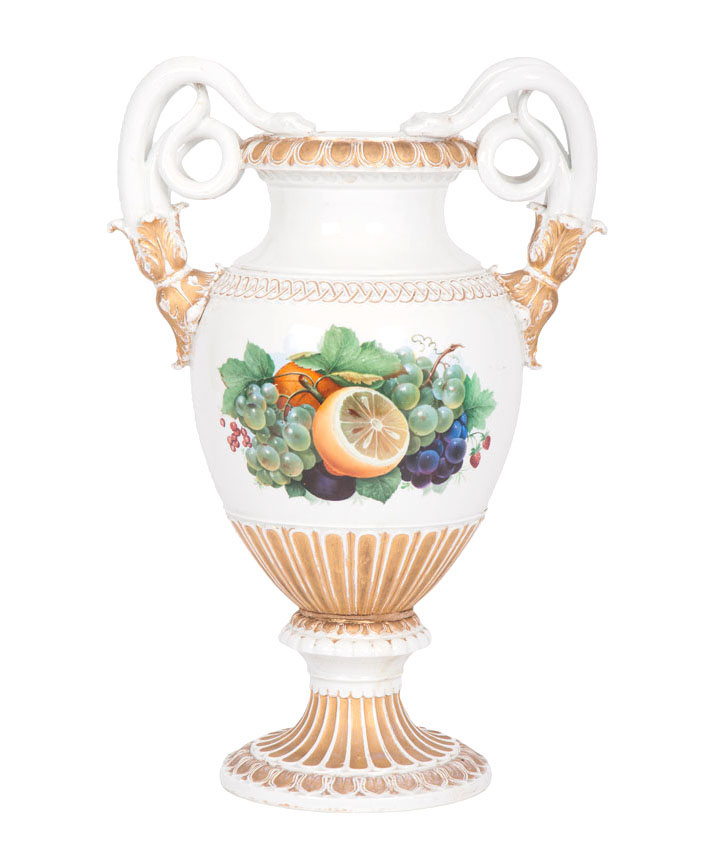 An impressive vase with snake-formed handles and fruit decor