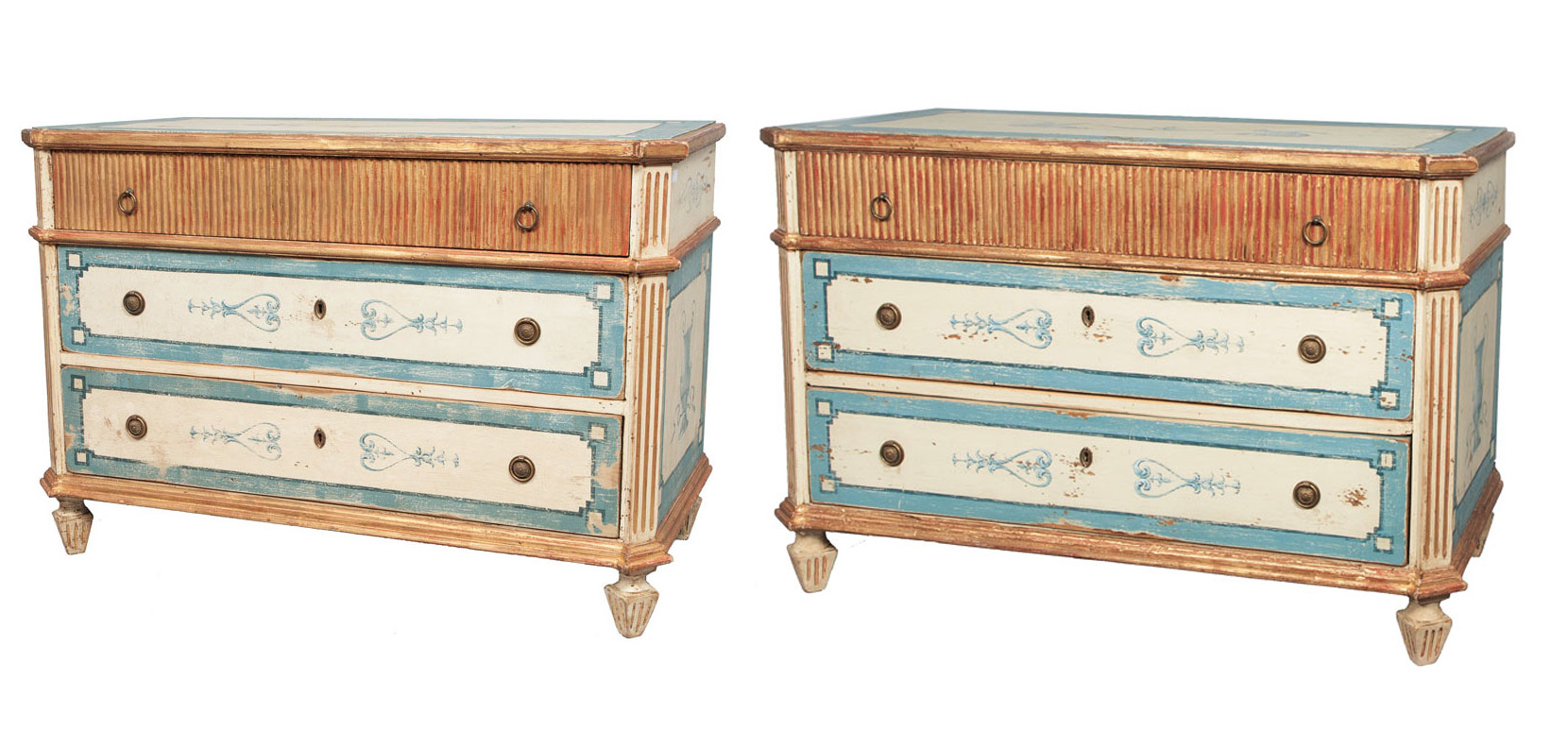 A pair of coloured commodes with antique-like painting