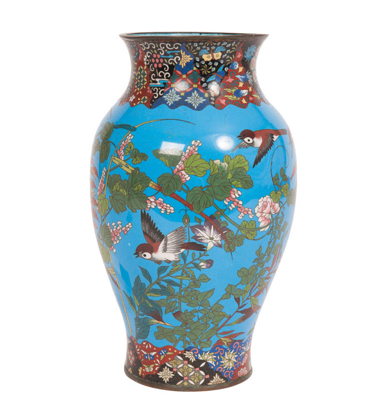 A cloisonné vase with flowers and birds