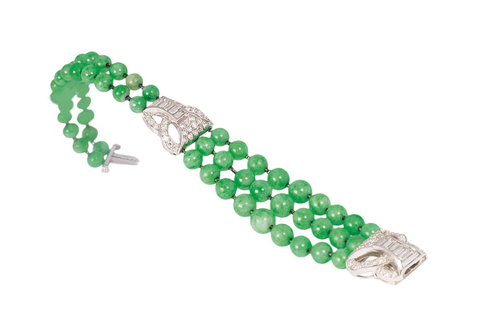 Museales Art-Déco-Jade-Armband mit Diamant-Besatz