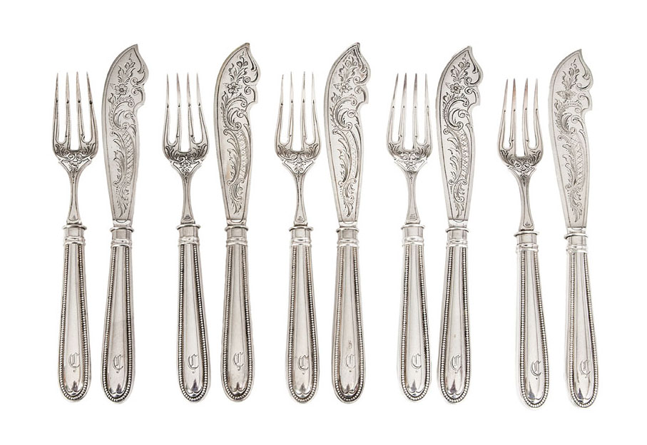 Jugendstil-Fischbesteck mit Perlrand für 10 Personen