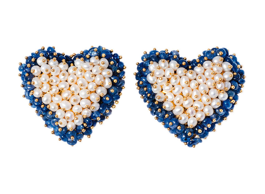 A pair of heartshaped sapphire pearl earrings