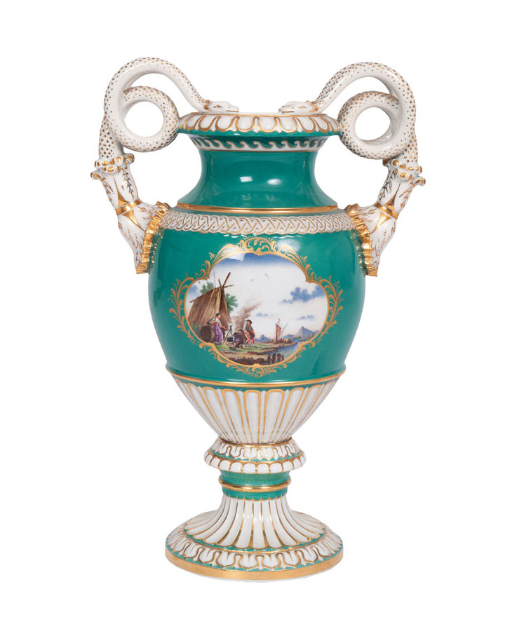 An opulent vase 'Russian green' with snake-formed handles An opulent vase 'Russian green' with snake-formed handles