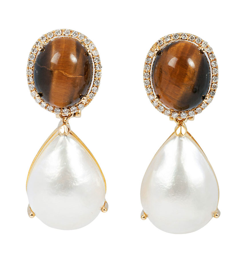 A pair of Mabé pearl Tiger eye earrings with diamonds