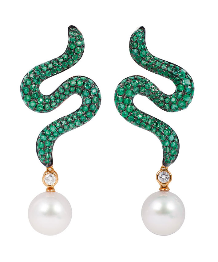 A pair of long Southsea pearl tsavorithe earrings 'Snake'
