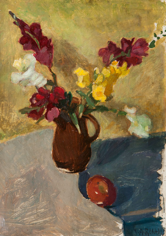 Stilleben mit Blumenvase und Apfel