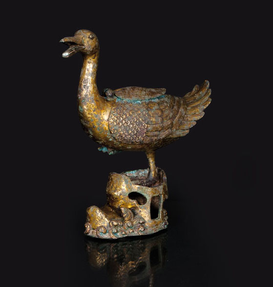 A bronze censer in form of a duck