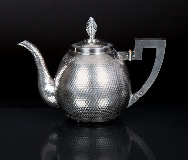 A silver tea pot 'Goldfish and bamboo'