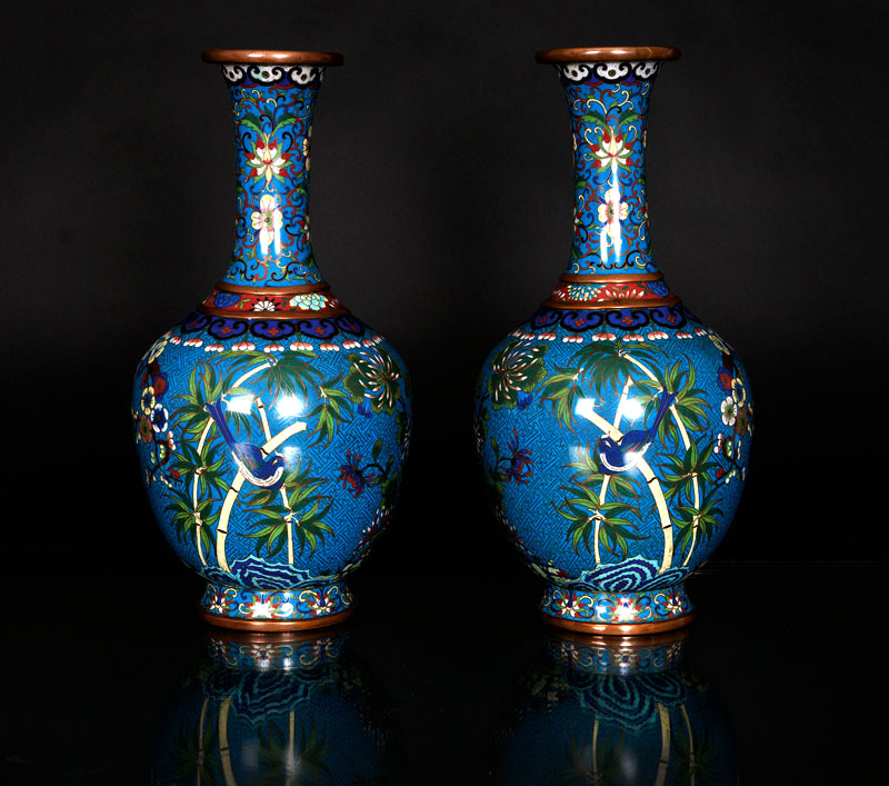 A pair of cloisonné vases with auspicious flowers and birds