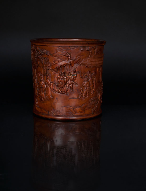 A fine boxwood brushpot with figural scenes